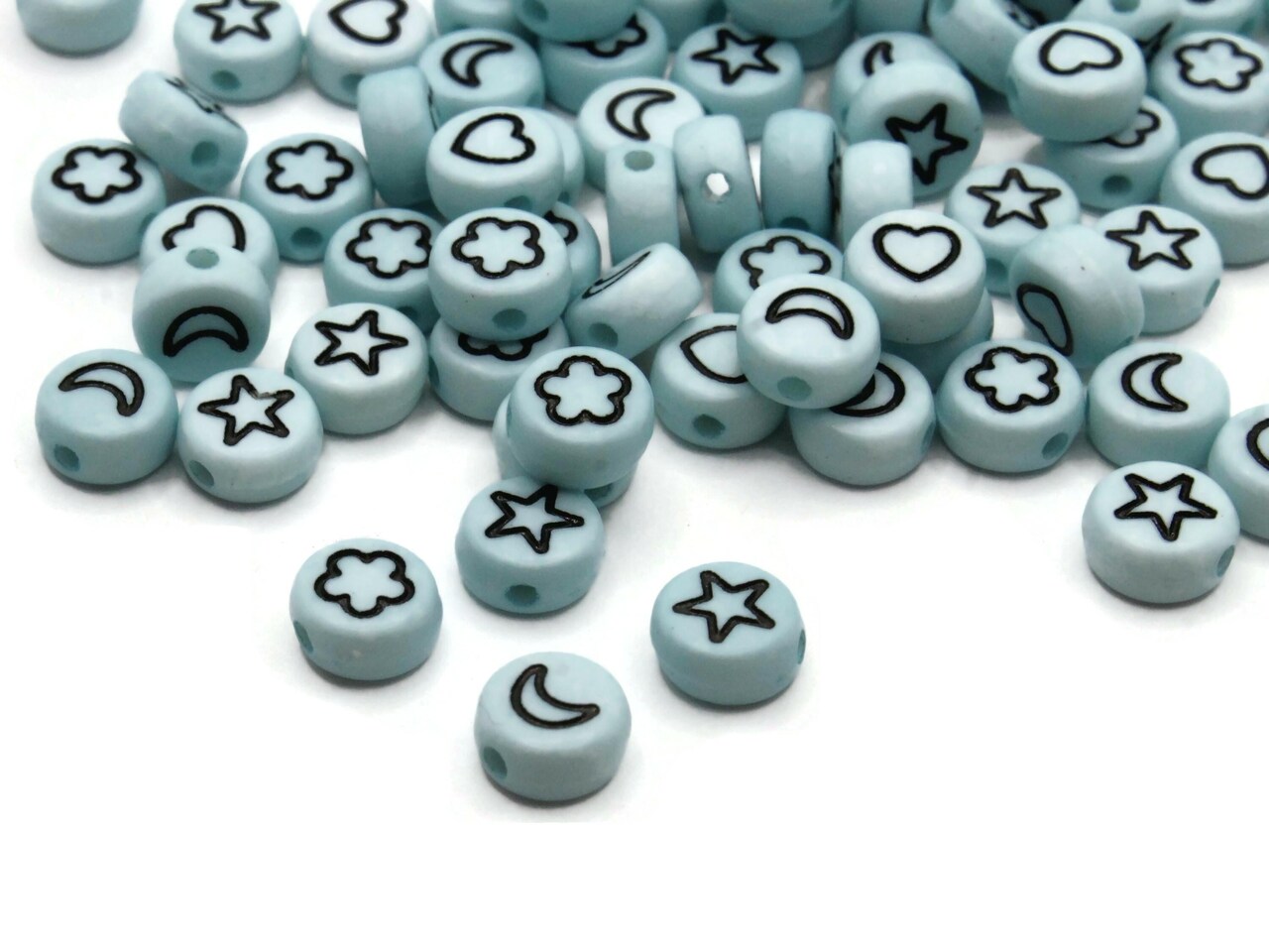 100 7mm Blue Heart, Star, Flower and Moon Mixed Small Plastic Flat Round Coin Beads